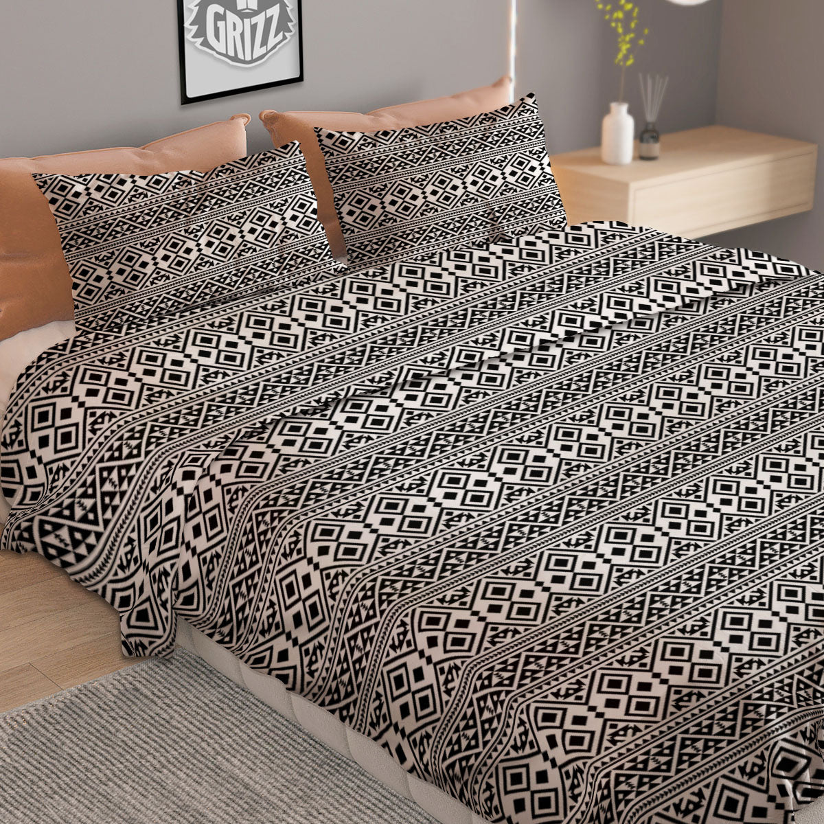 Boho Tribal White And Black Print Duvet Cover Bedding Set