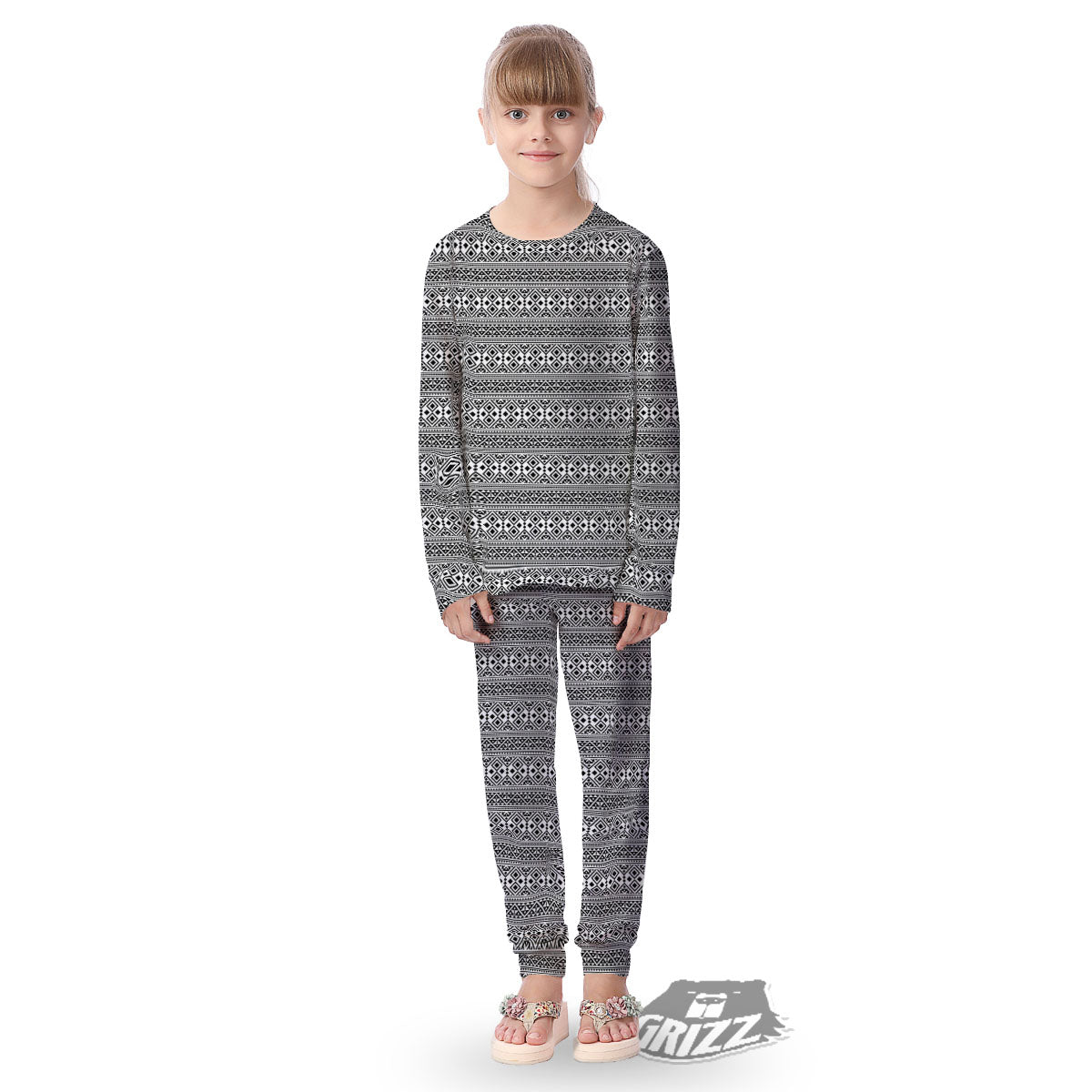 Boho Tribal White And Black Print Kid's Pajamas-grizzshop