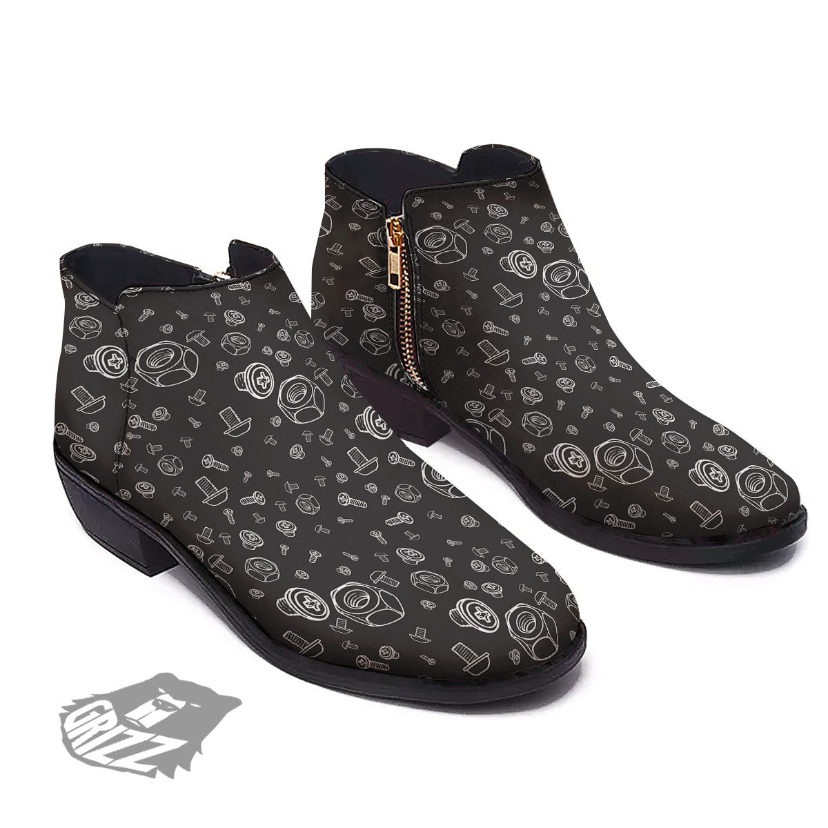 Bolts and Mechanic Nuts Print Pattern Ankle Boots-grizzshop
