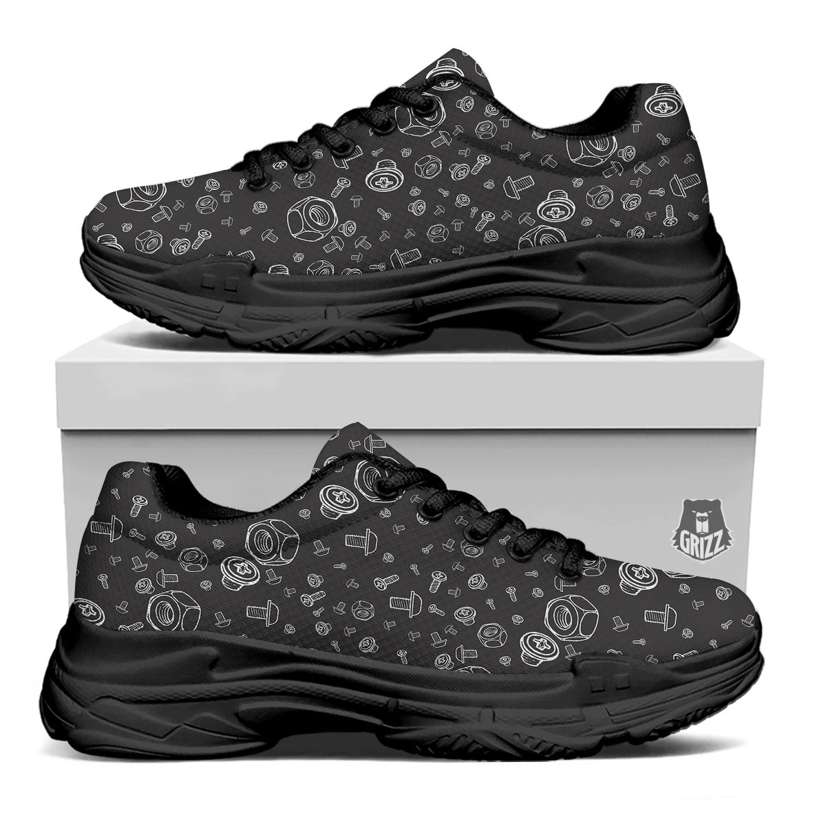 Bolts and Mechanic Nuts Print Pattern Black Chunky Shoes-grizzshop