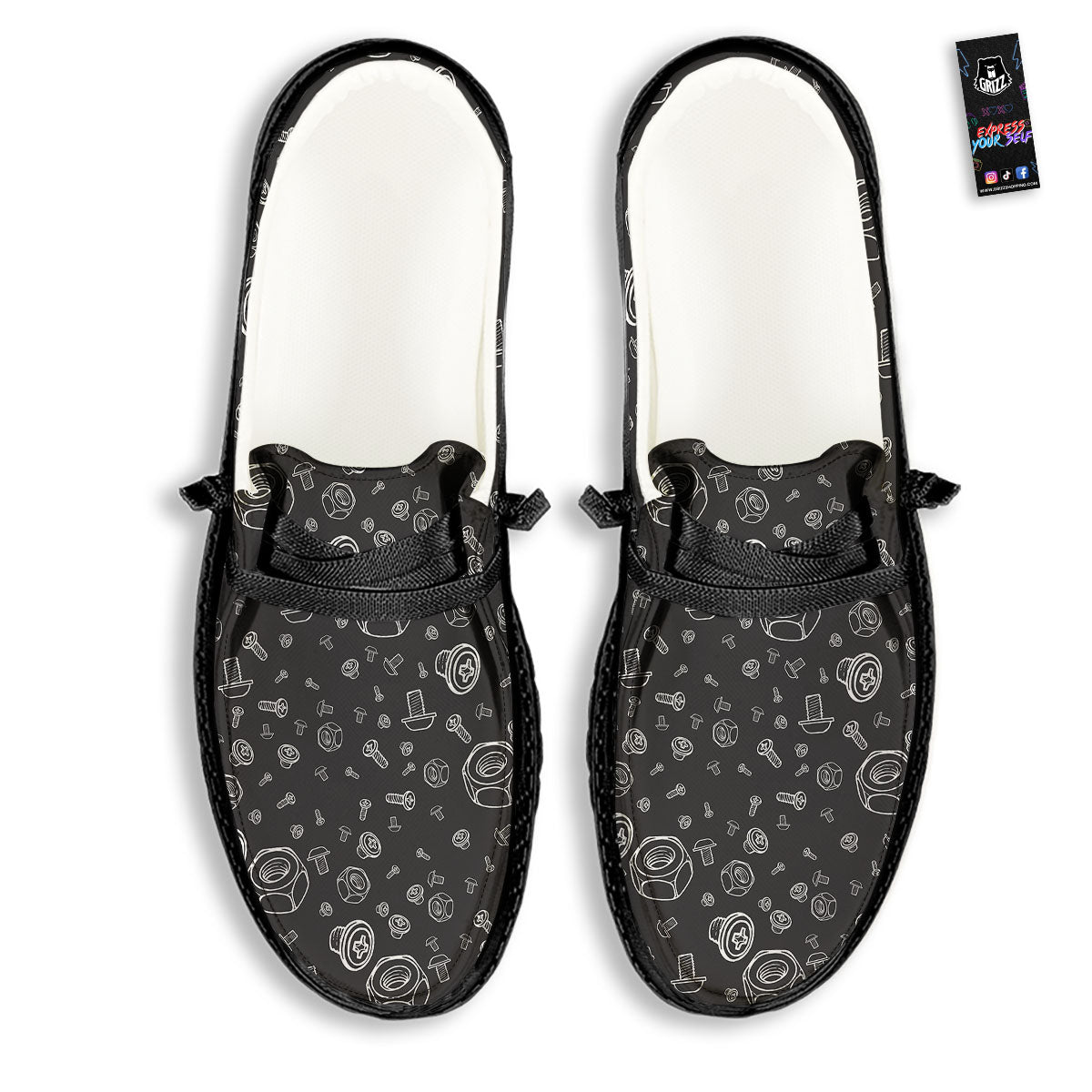Bolts and Mechanic Nuts Print Pattern Black Loafers-grizzshop