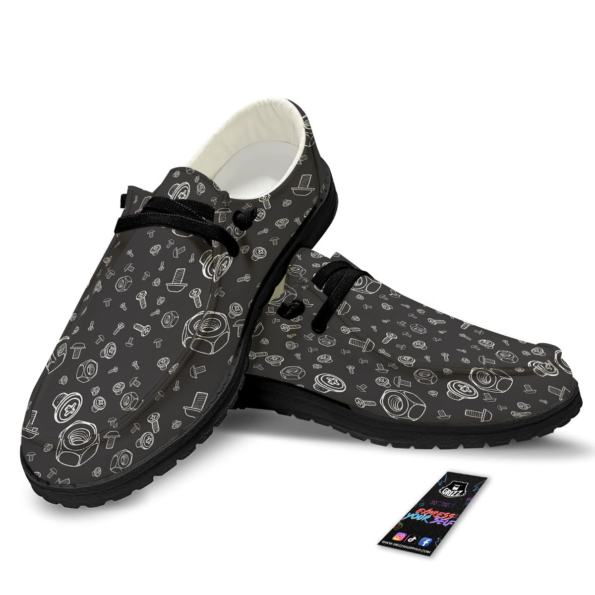 Bolts and Mechanic Nuts Print Pattern Black Loafers-grizzshop