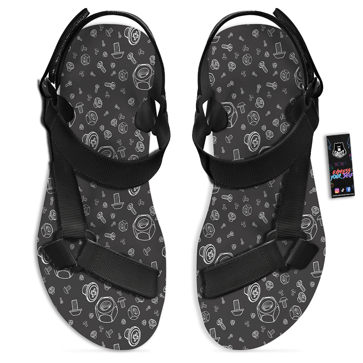 Bolts and Mechanic Nuts Print Pattern Black Open Toe Sandals-grizzshop
