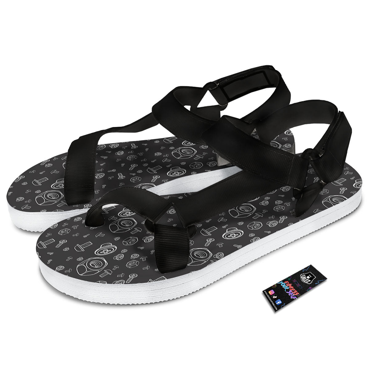 Bolts and Mechanic Nuts Print Pattern Black Open Toe Sandals-grizzshop