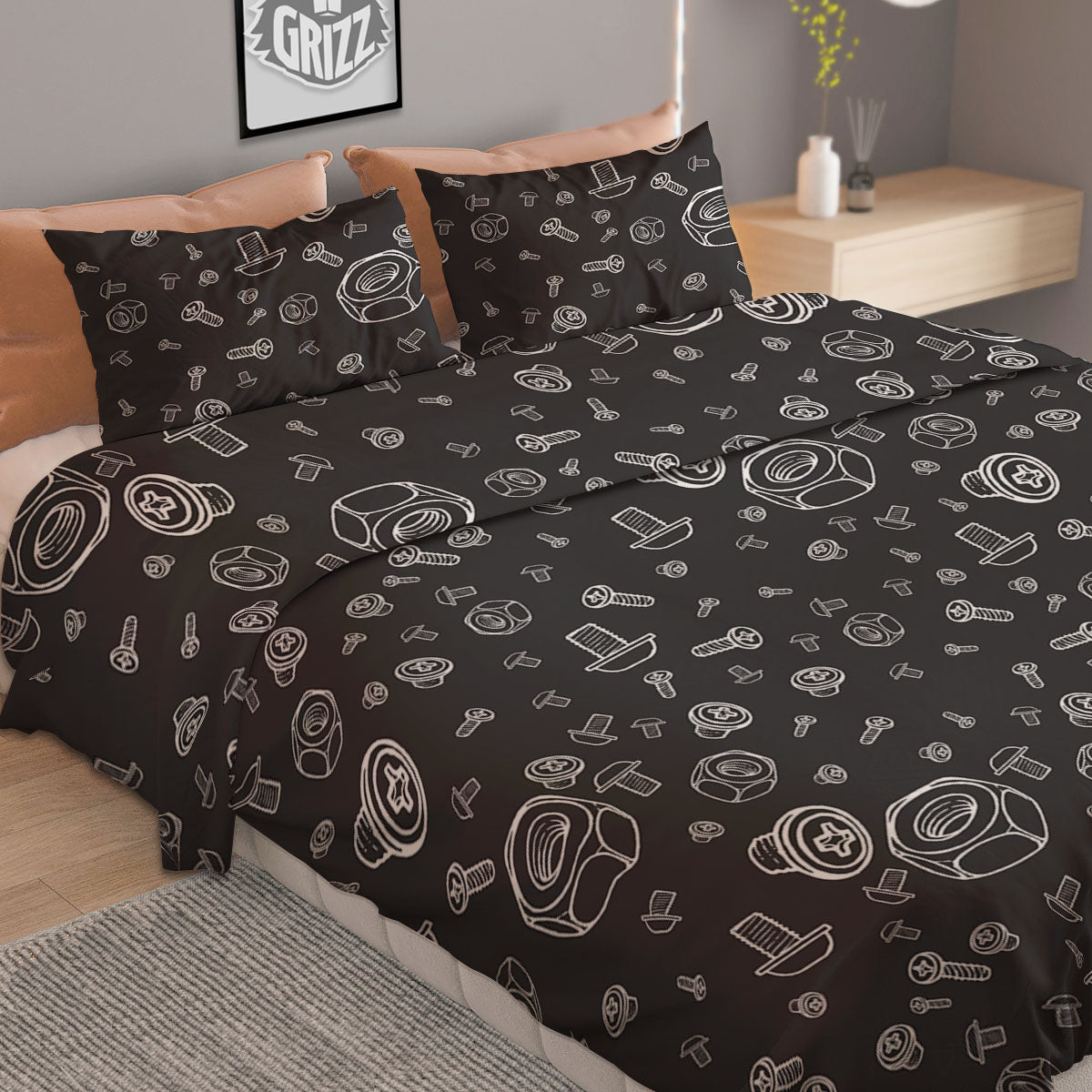Bolts and Mechanic Nuts Print Pattern Duvet Cover Bedding Set