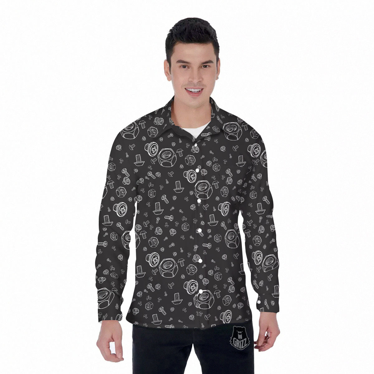 Bolts and Mechanic Nuts Print Pattern Men's Long Sleeve Shirts-grizzshop