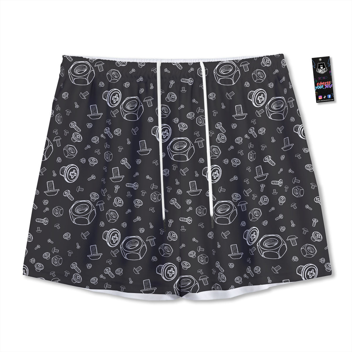 Bolts and Mechanic Nuts Print Pattern Mesh Shorts