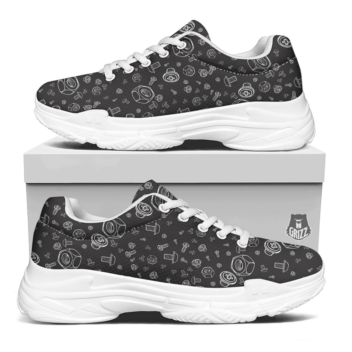Bolts and Mechanic Nuts Print Pattern White Chunky Shoes-grizzshop