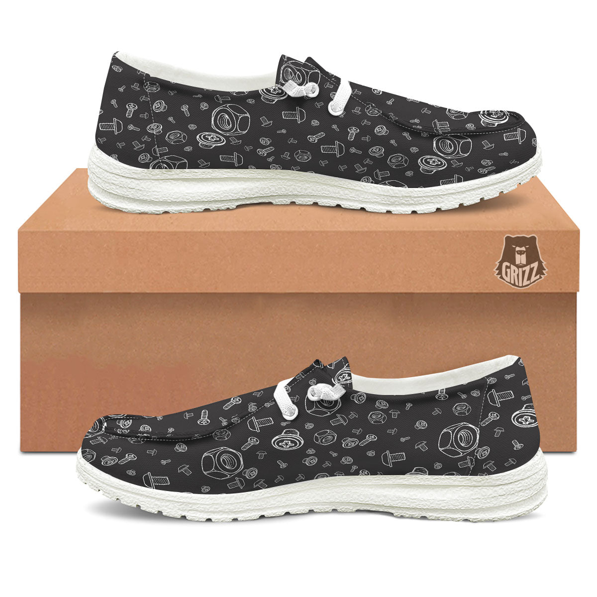 Bolts and Mechanic Nuts Print Pattern White Loafers-grizzshop