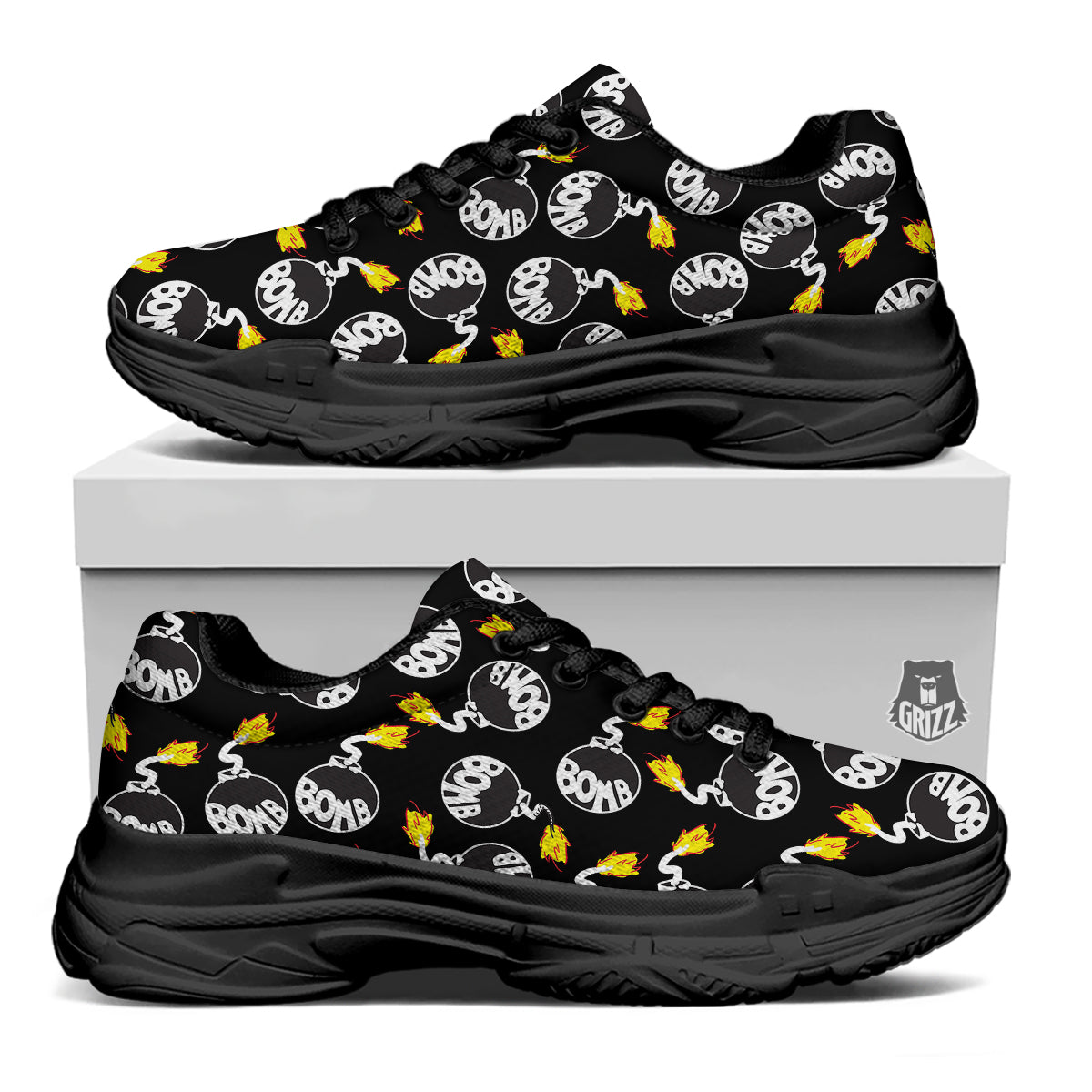 Bomb And Fire Print Pattern Black Chunky Shoes-grizzshop