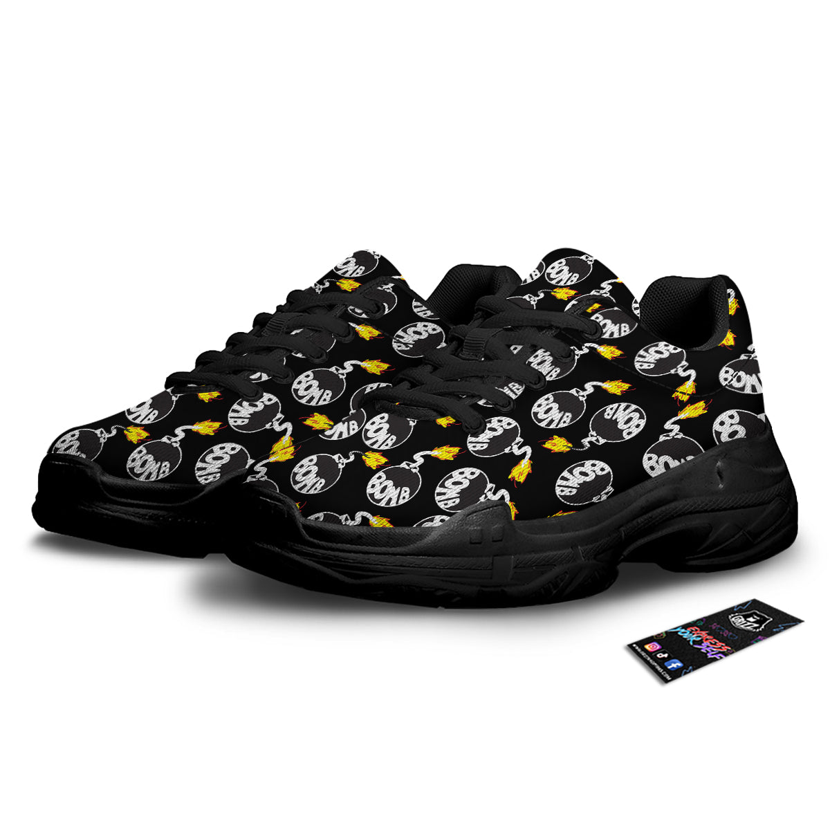 Bomb And Fire Print Pattern Black Chunky Shoes-grizzshop