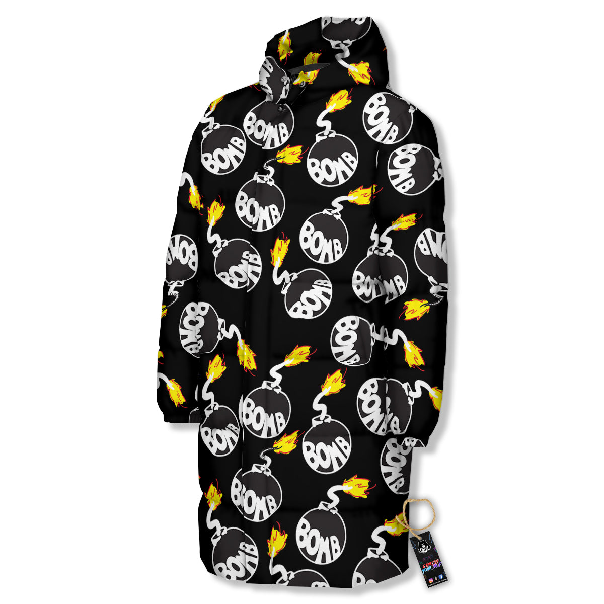 Bomb And Fire Print Pattern Long Down Jacket-grizzshop