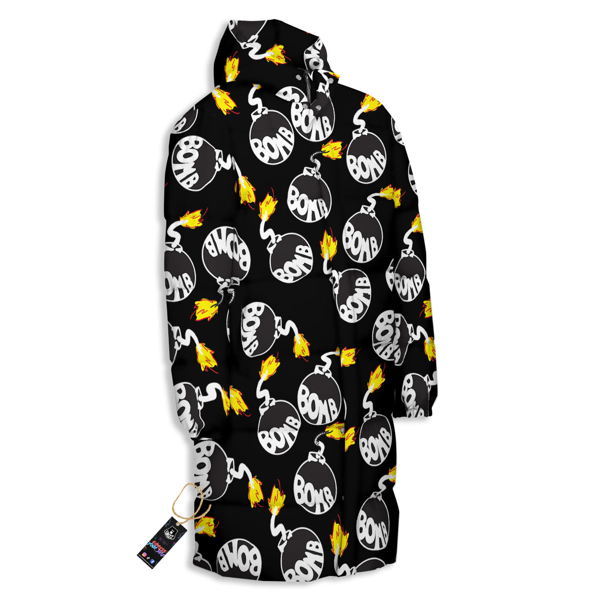 Bomb And Fire Print Pattern Long Down Jacket-grizzshop