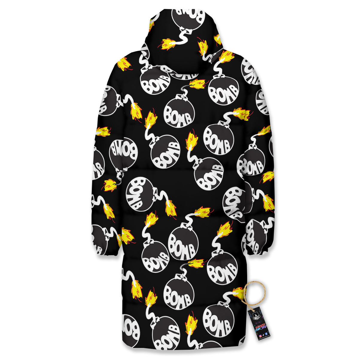 Bomb And Fire Print Pattern Long Down Jacket-grizzshop