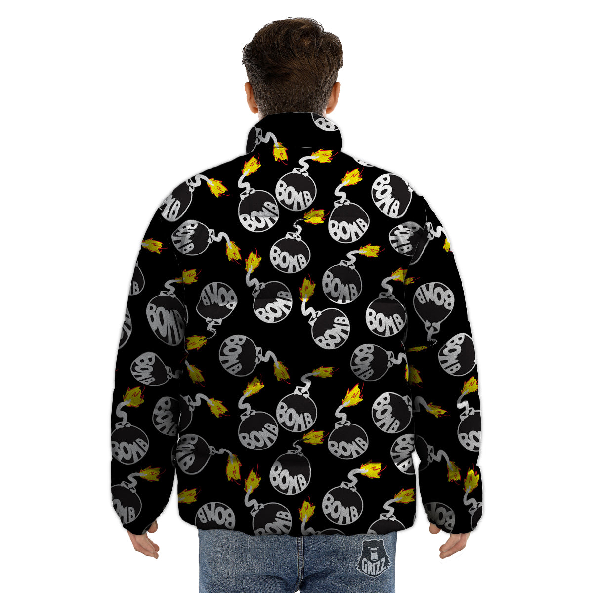 Bomb And Fire Print Pattern Puffer Jacket-grizzshop