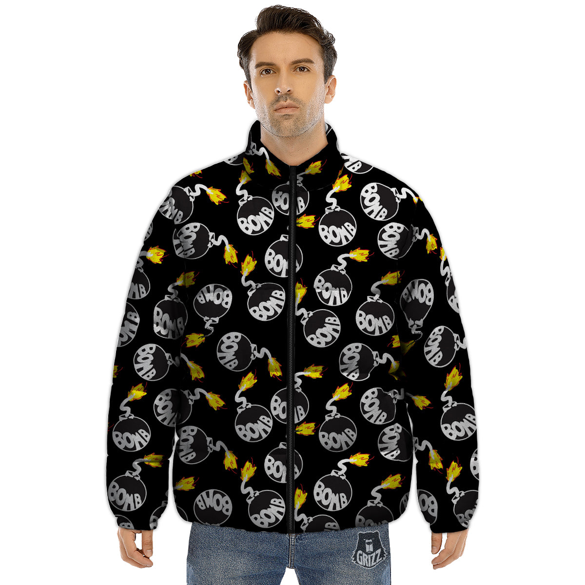 Bomb And Fire Print Pattern Puffer Jacket-grizzshop