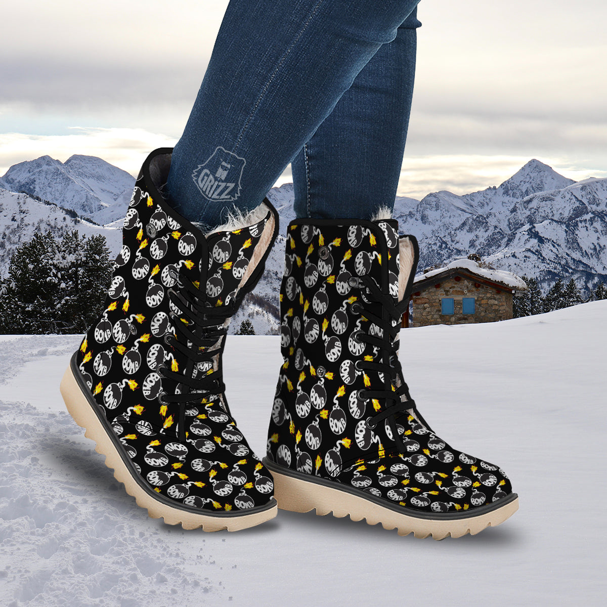 Bomb And Fire Print Pattern Snow Boots-grizzshop