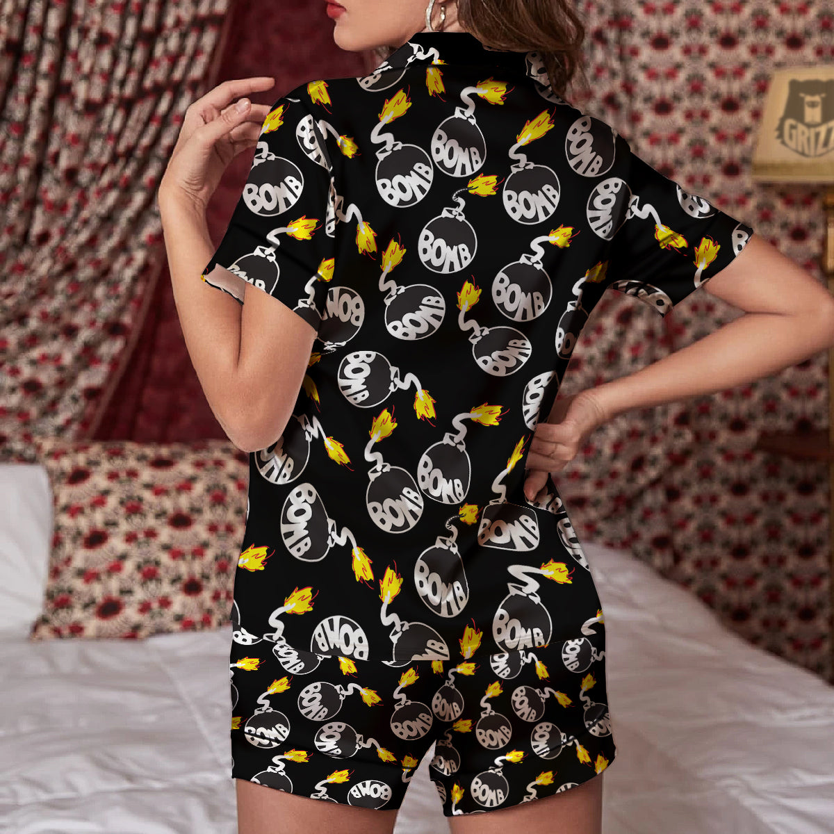 Bomb And Fire Print Pattern Women Silk Pajamas-grizzshop