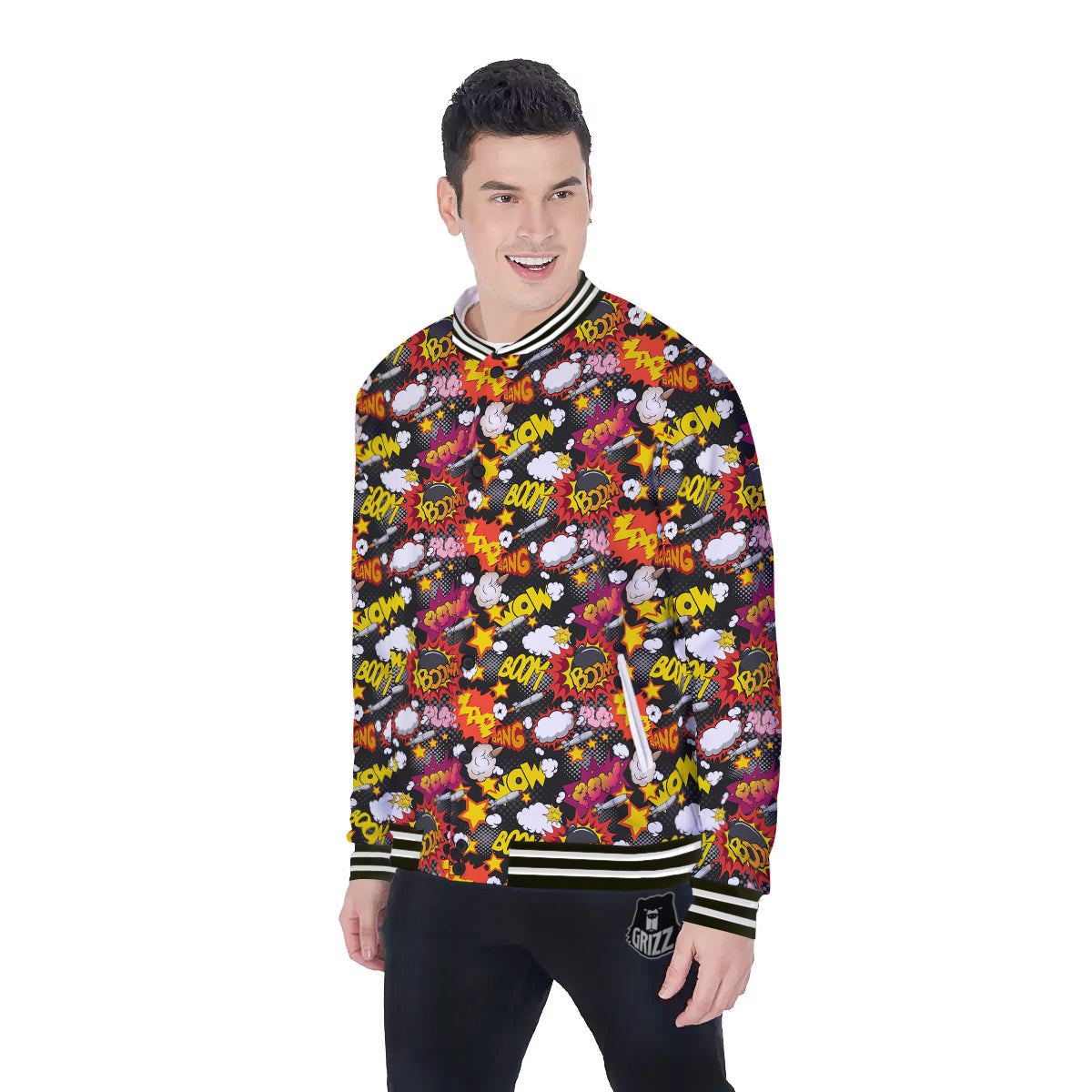 Bomb Boom Comic Graffiti Print Pattern Baseball Jacket-grizzshop