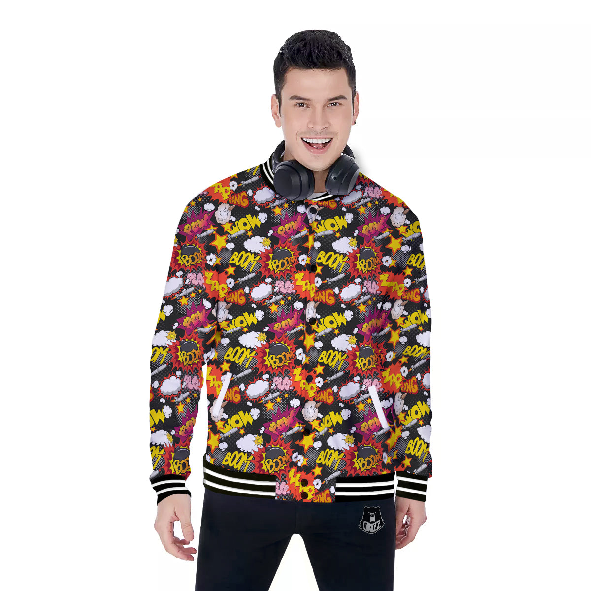 Bomb Boom Comic Graffiti Print Pattern Baseball Jacket-grizzshop