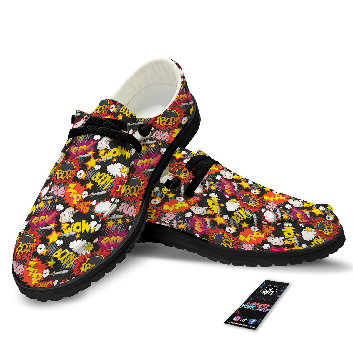 Bomb Boom Comic Graffiti Print Pattern Black Loafers-grizzshop