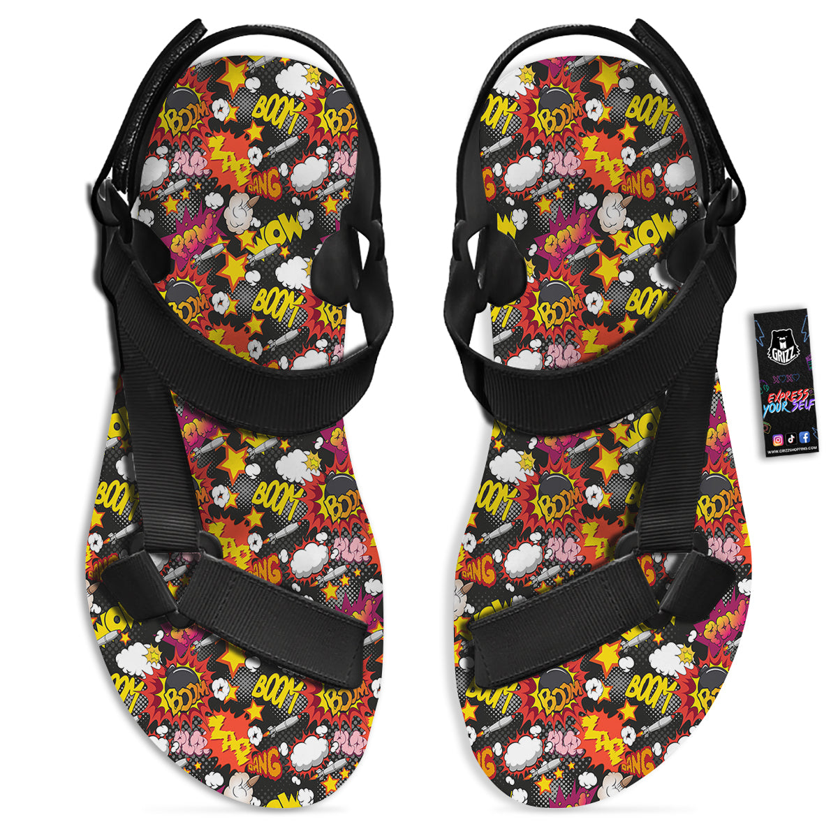 Bomb Boom Comic Graffiti Print Pattern Black Open Toe Sandals-grizzshop