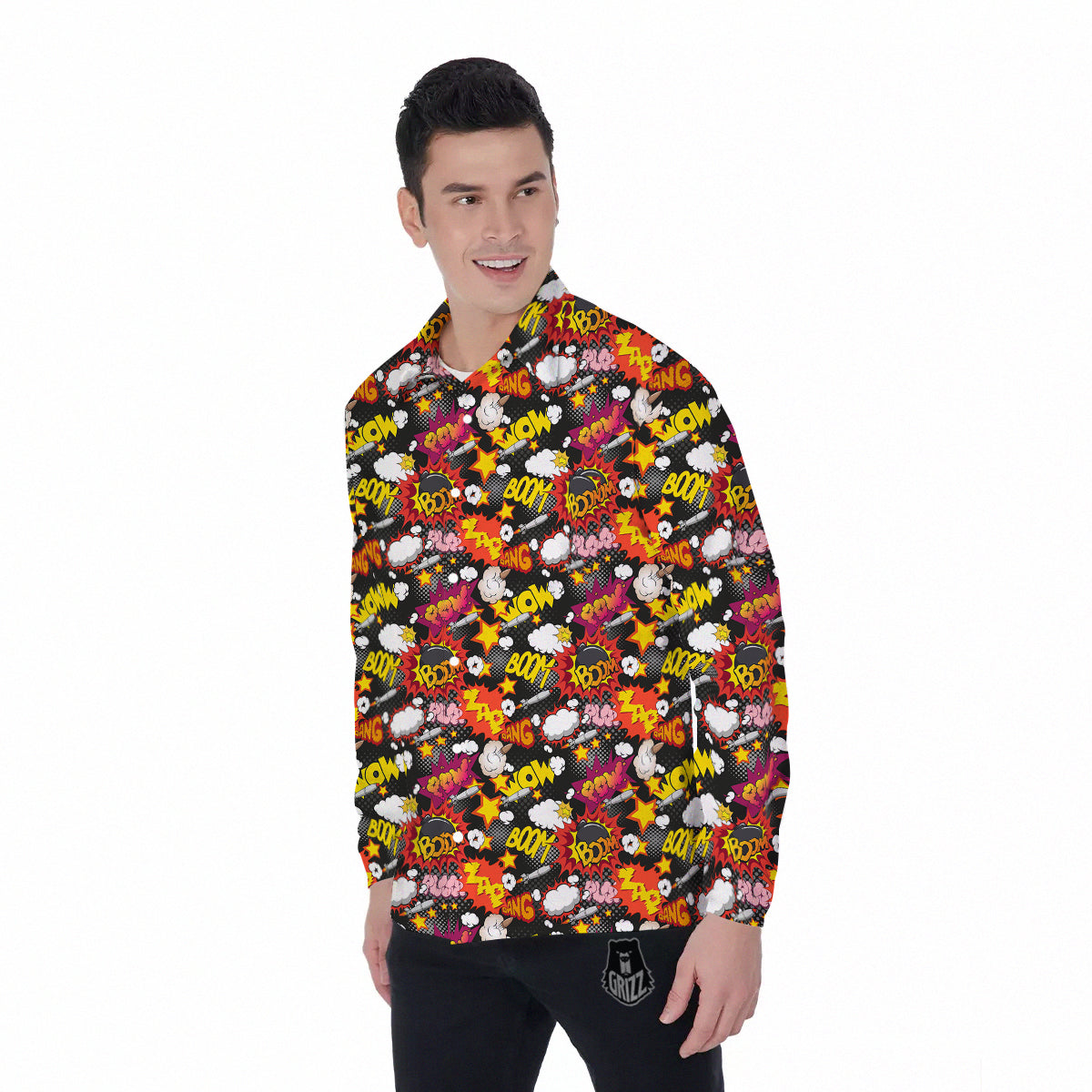 Bomb Boom Comic Graffiti Print Pattern Men's Long Sleeve Shirts-grizzshop