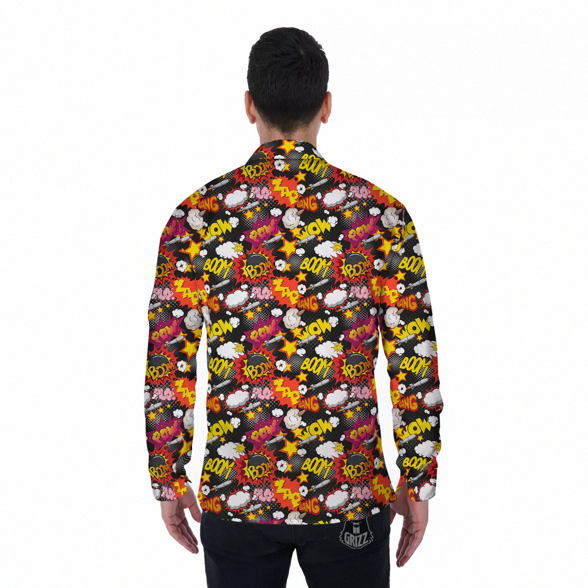 Bomb Boom Comic Graffiti Print Pattern Men's Long Sleeve Shirts-grizzshop