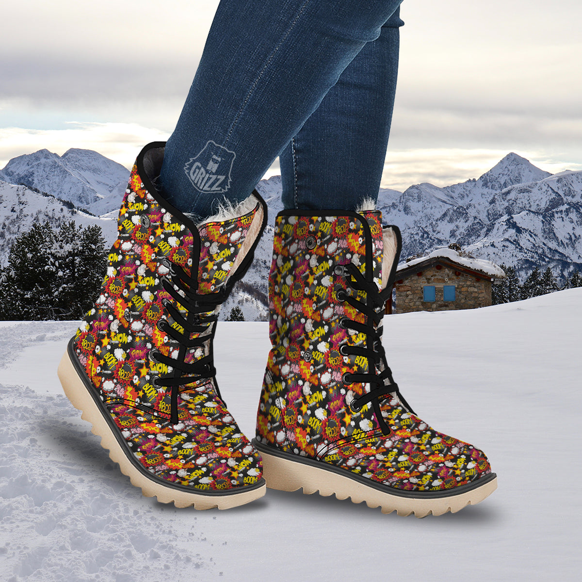 Bomb Boom Comic Graffiti Print Pattern Snow Boots-grizzshop