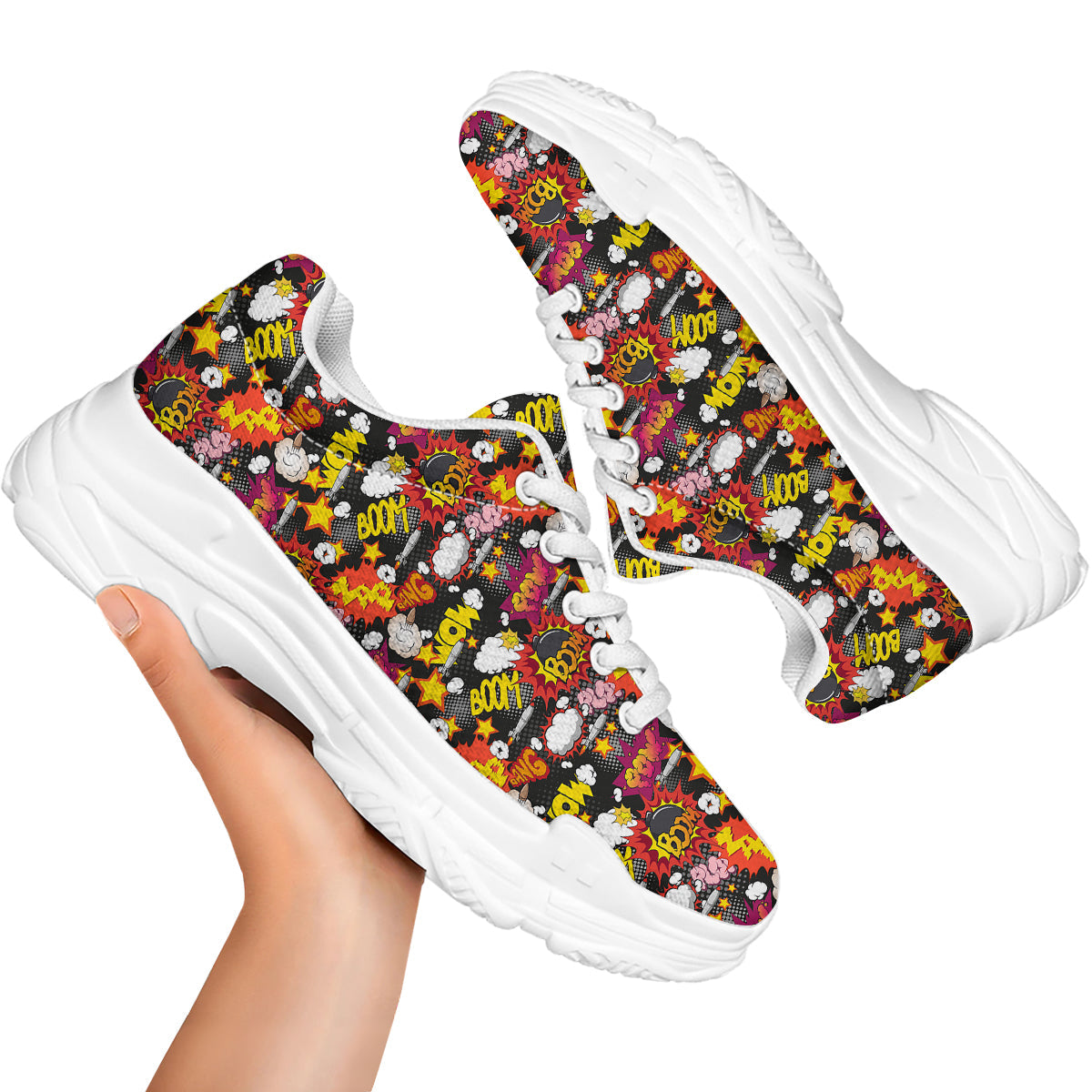 Bomb Boom Comic Graffiti Print Pattern White Chunky Shoes-grizzshop