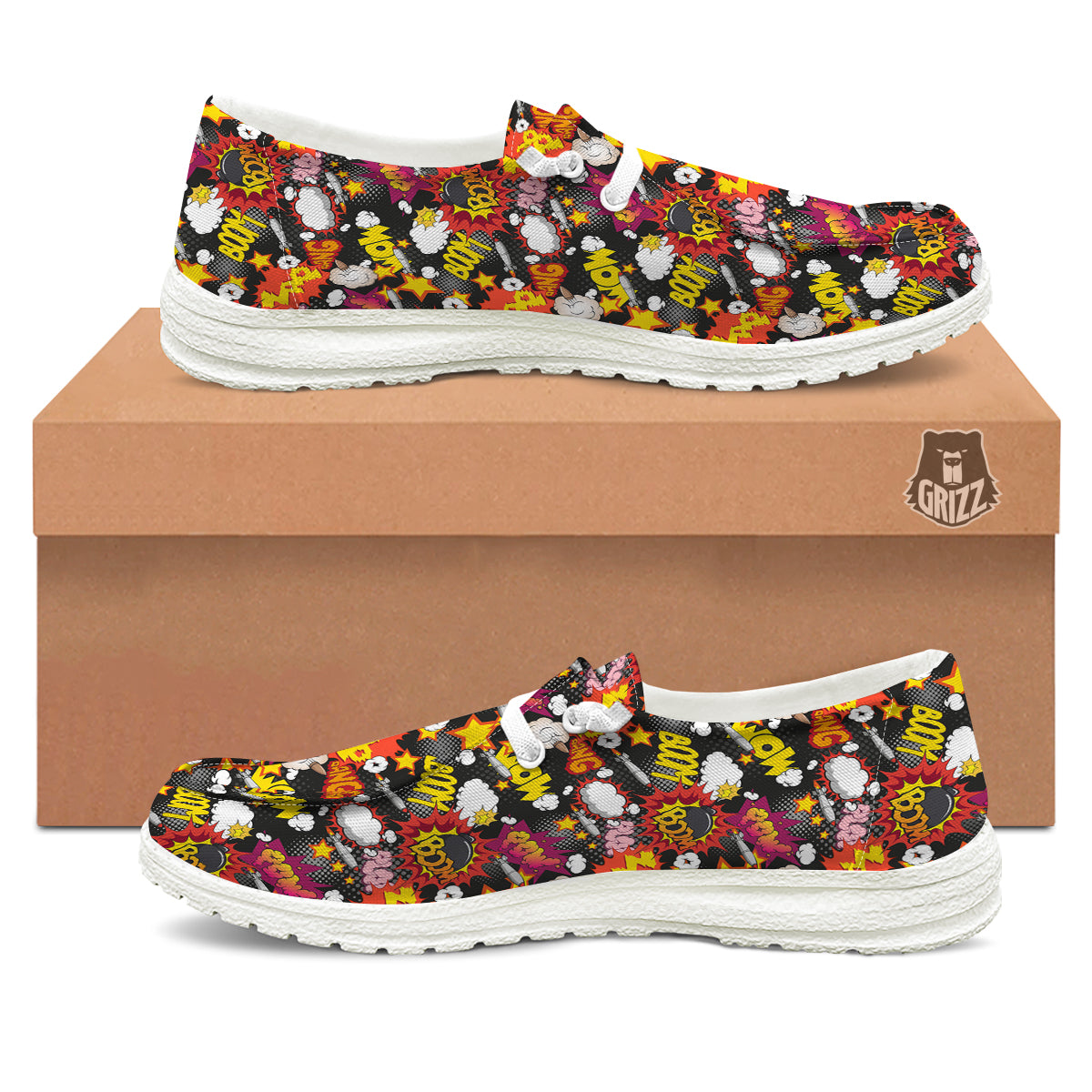 Bomb Boom Comic Graffiti Print Pattern White Loafers-grizzshop