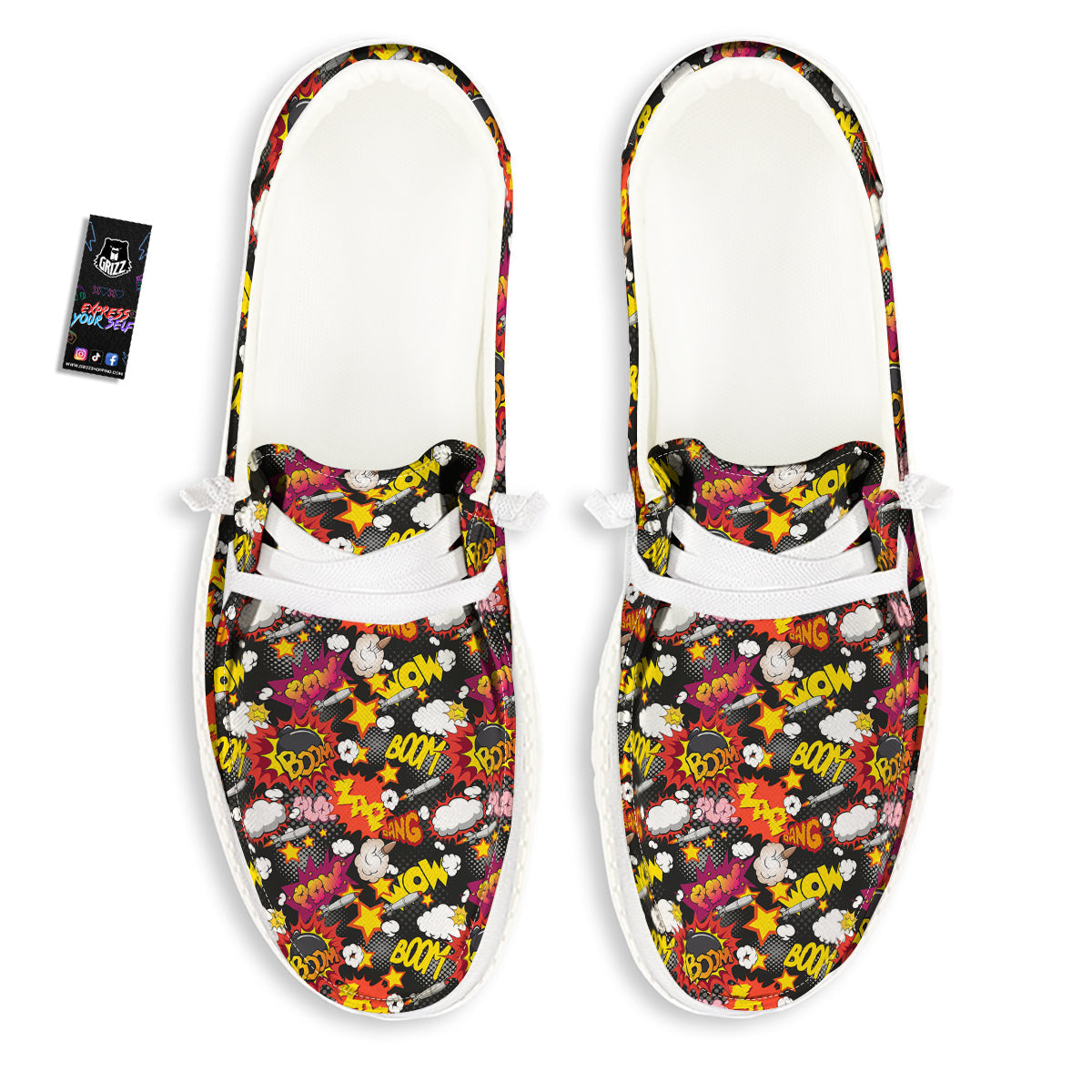 Bomb Boom Comic Graffiti Print Pattern White Loafers-grizzshop