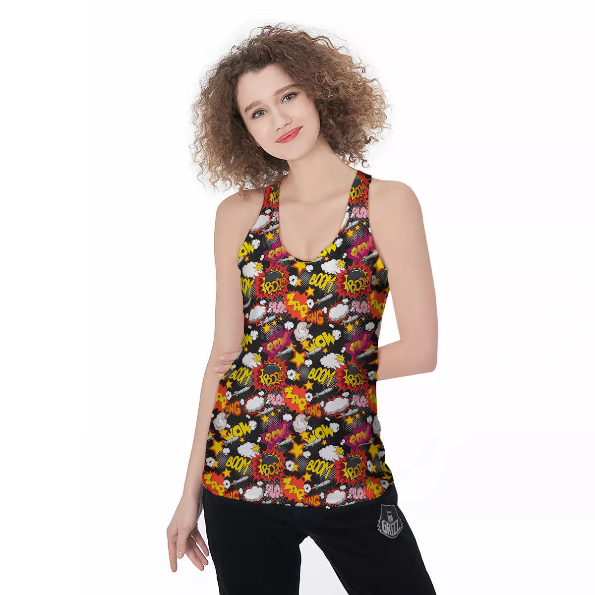 Bomb Boom Comic Graffiti Print Pattern Women's Racerback Tank Top-grizzshop