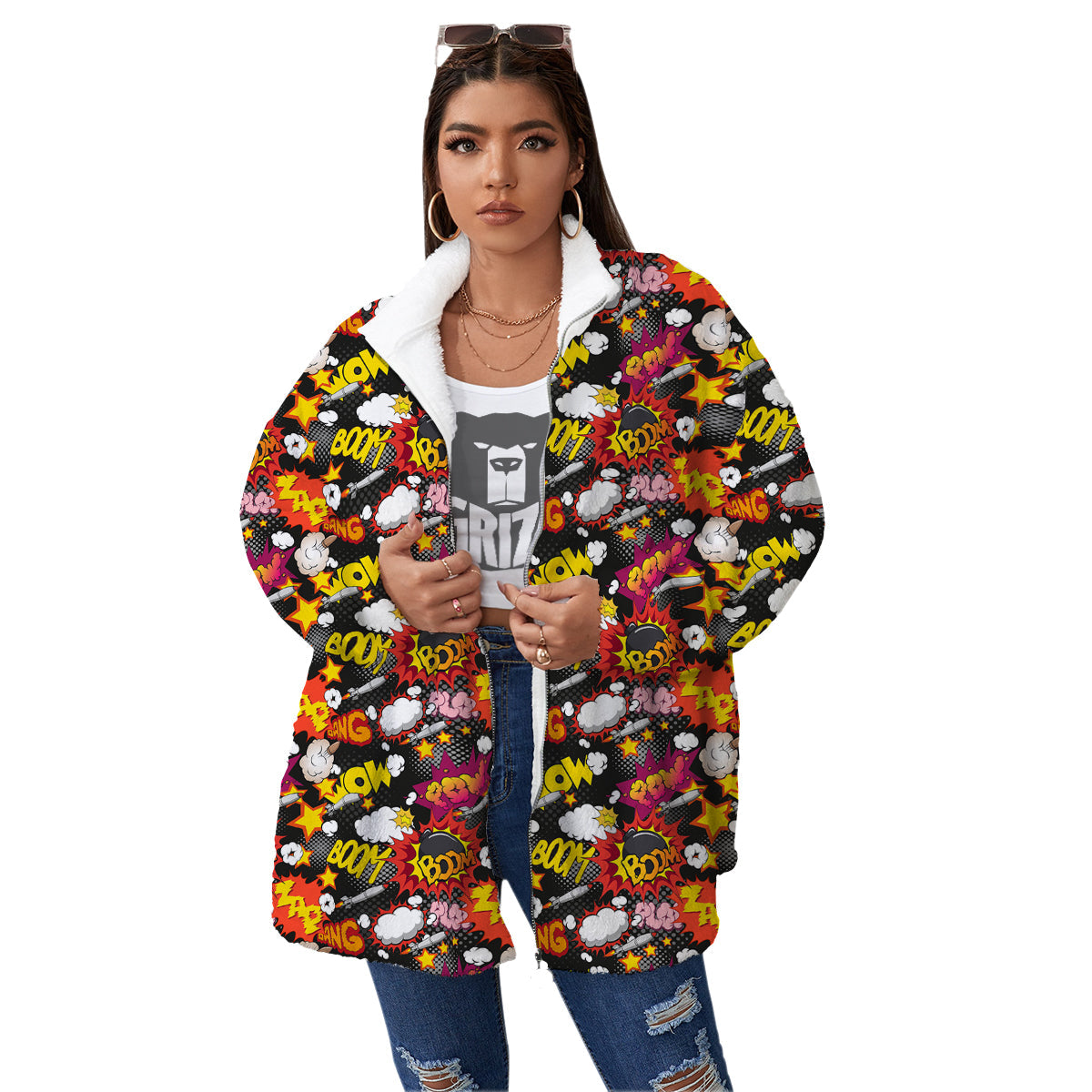 Bomb Boom Comic Graffiti Print Pattern Women's Sherpa Jacket-grizzshop