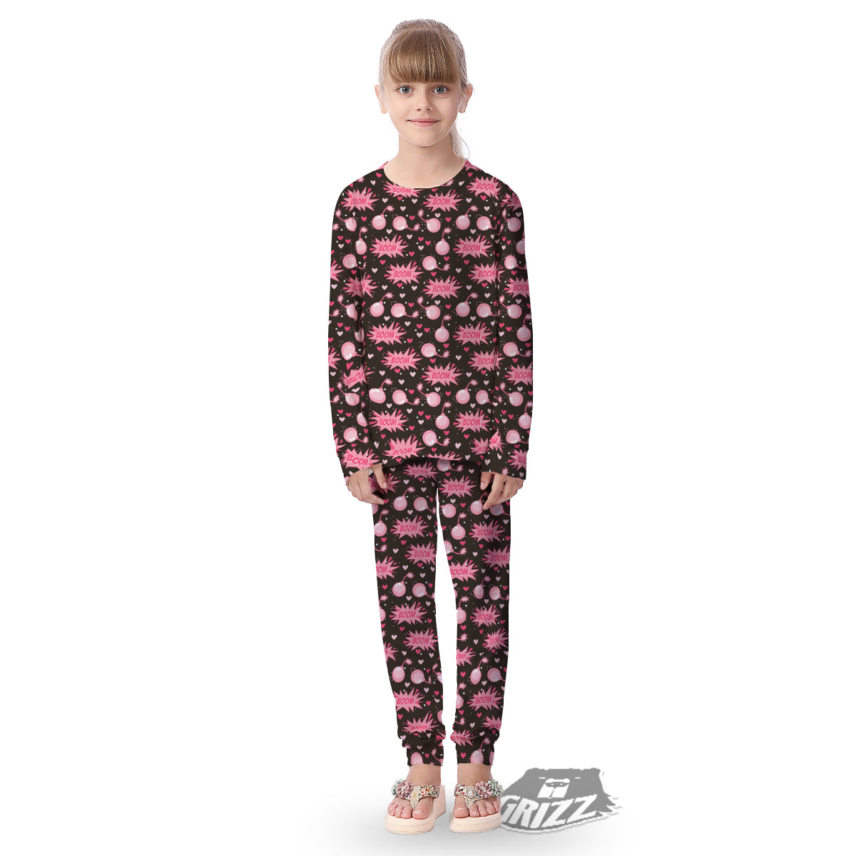 Bomb Boom Pink And Heart Print Pattern Kid's Pajamas-grizzshop