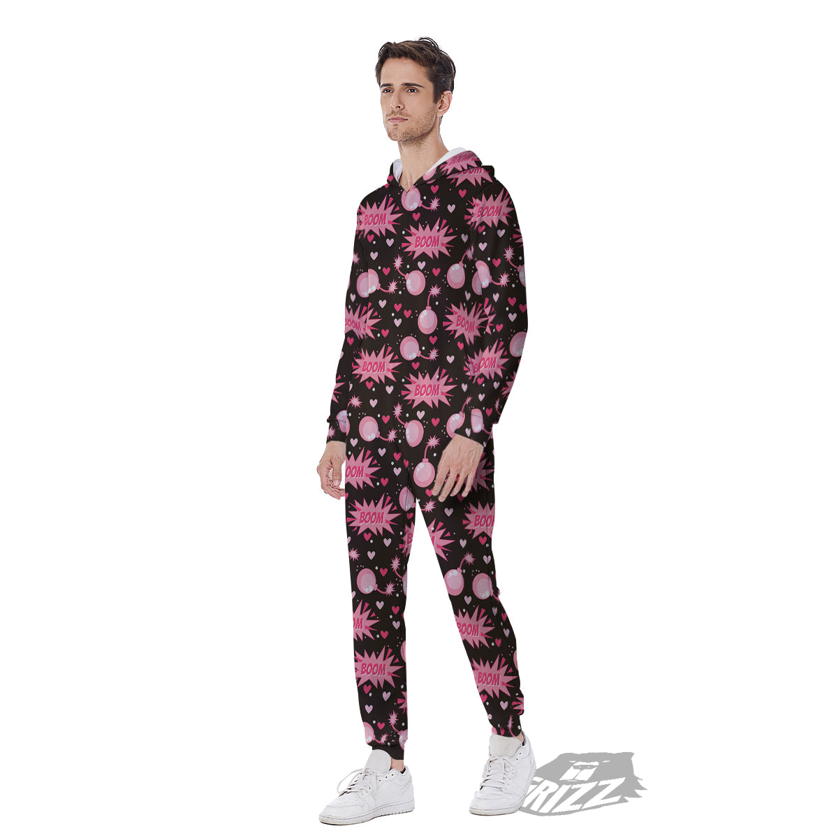Bomb Boom Pink And Heart Print Pattern Men's Jumpsuit-grizzshop