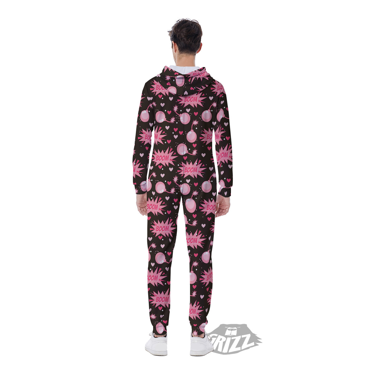 Bomb Boom Pink And Heart Print Pattern Men's Jumpsuit-grizzshop
