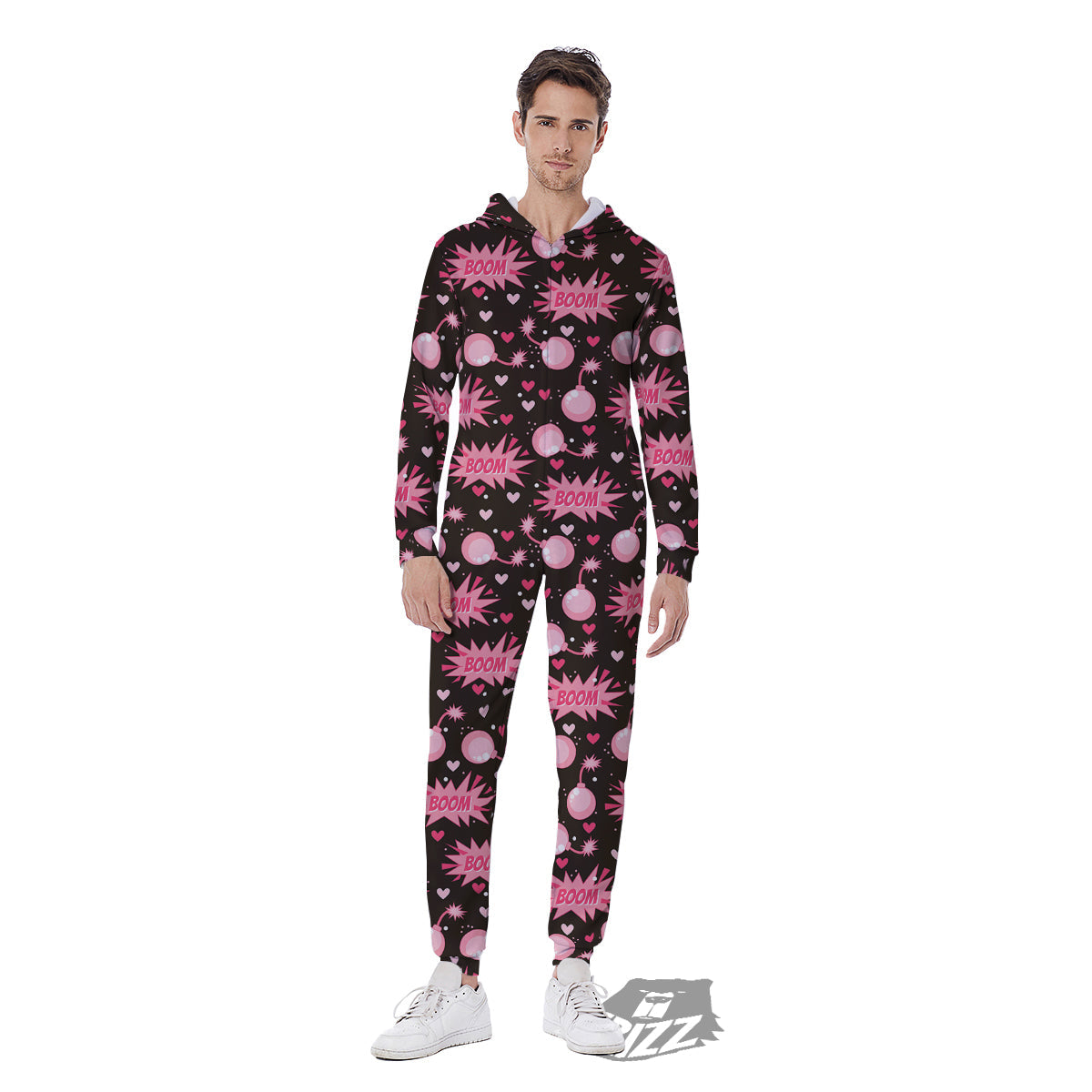 Bomb Boom Pink And Heart Print Pattern Men's Jumpsuit-grizzshop