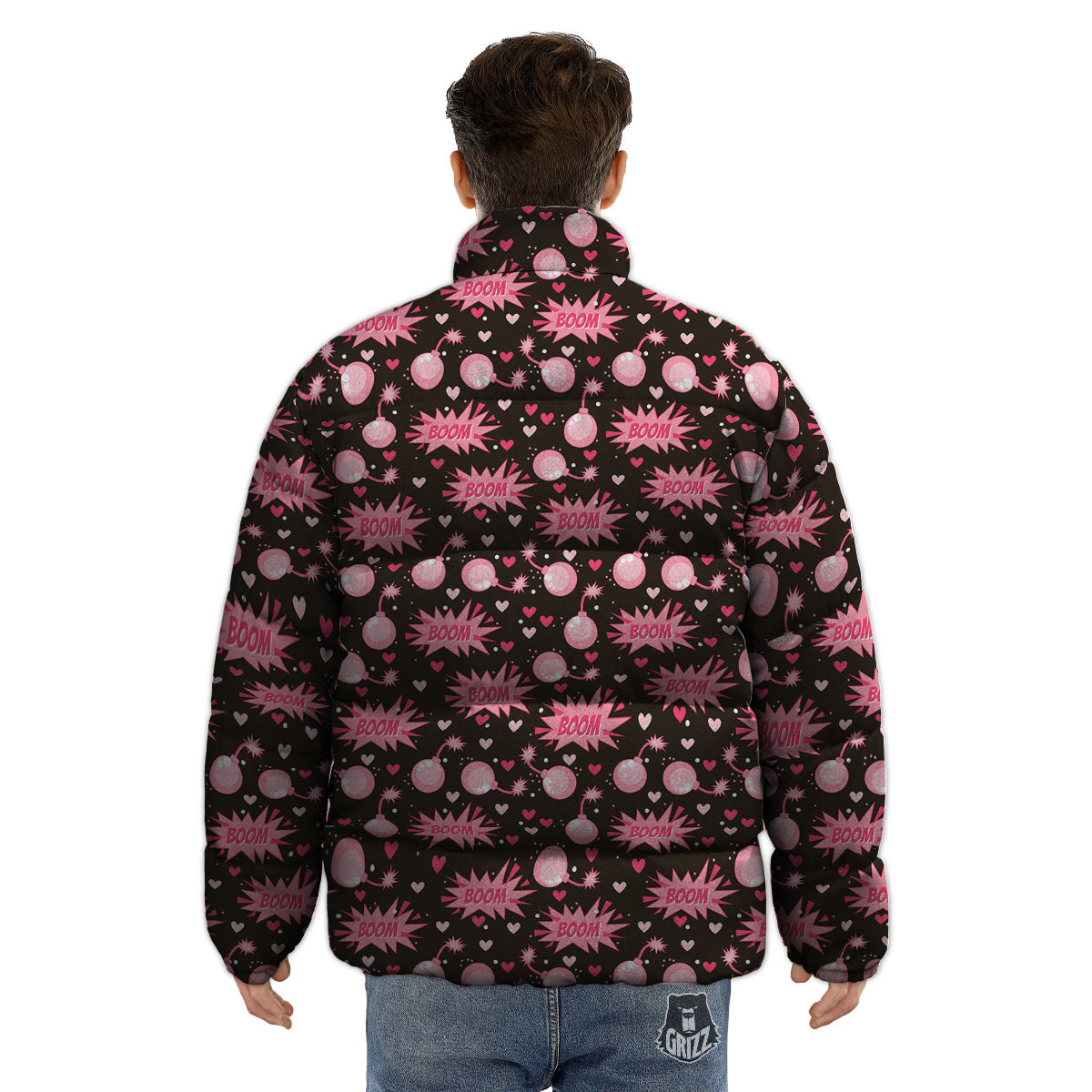 Bomb Boom Pink And Heart Print Pattern Puffer Jacket-grizzshop