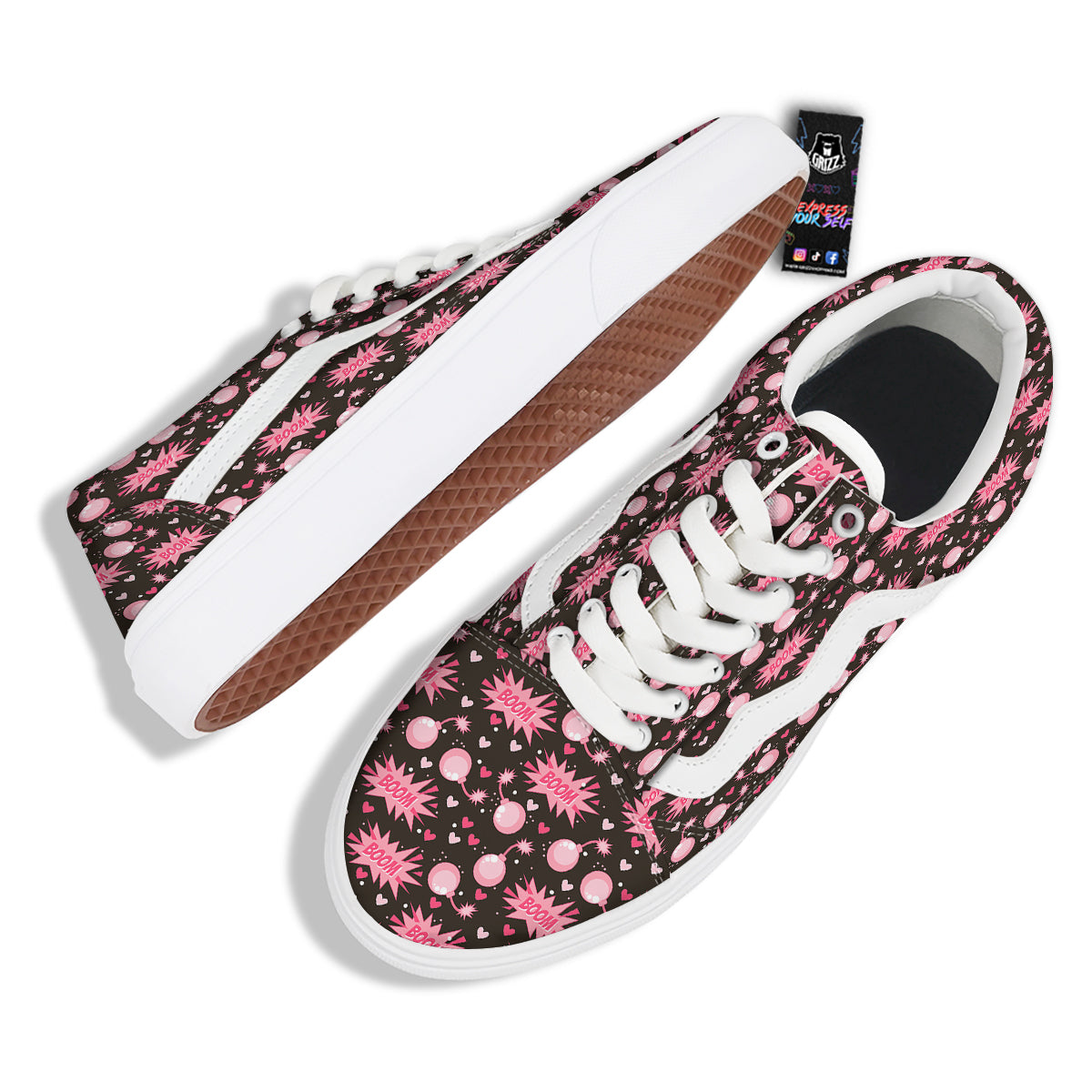 Bomb Boom Pink And Heart Print Pattern Skate Shoes-grizzshop