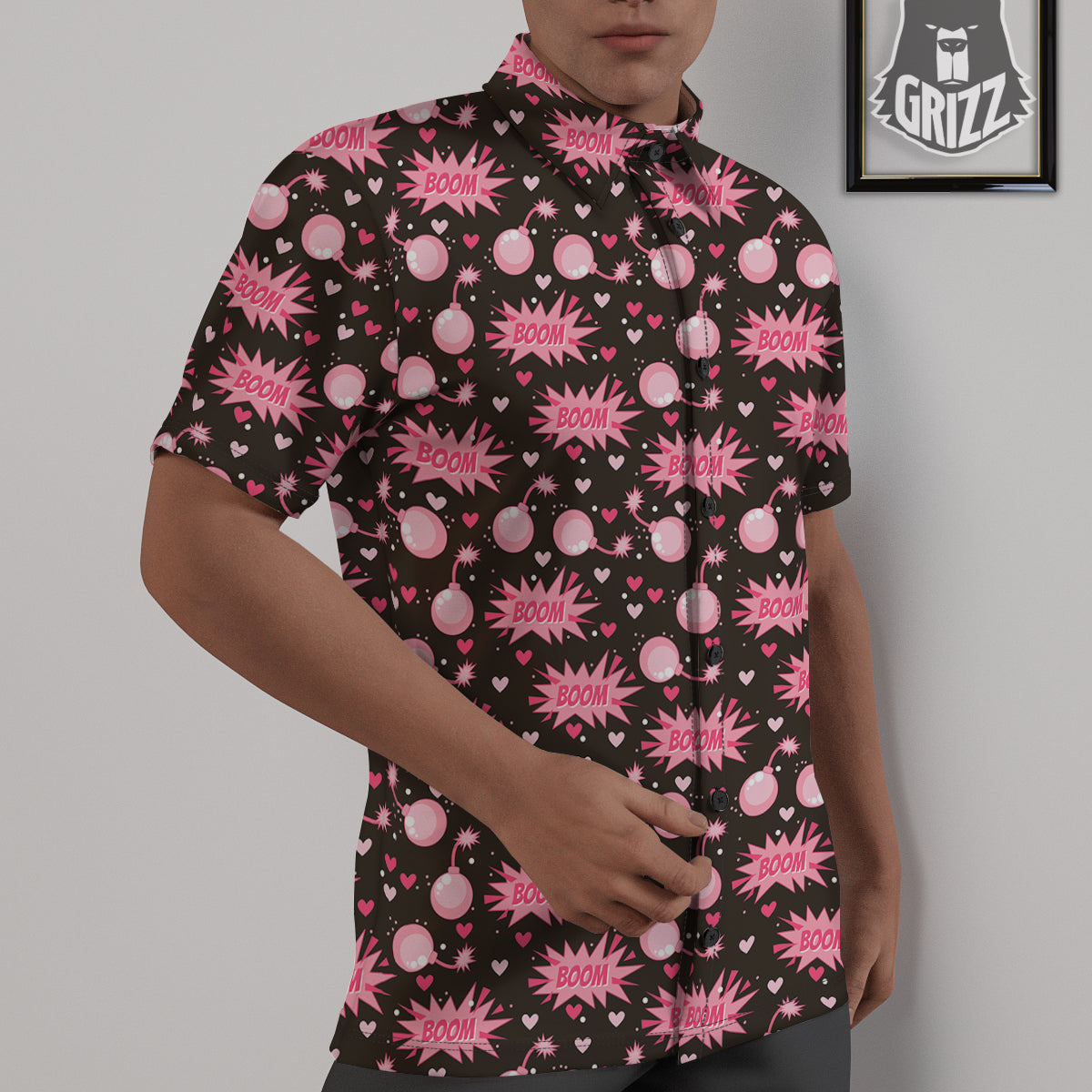 Bomb Boom Pink And Heart Print Pattern Untucked Shirts-grizzshop