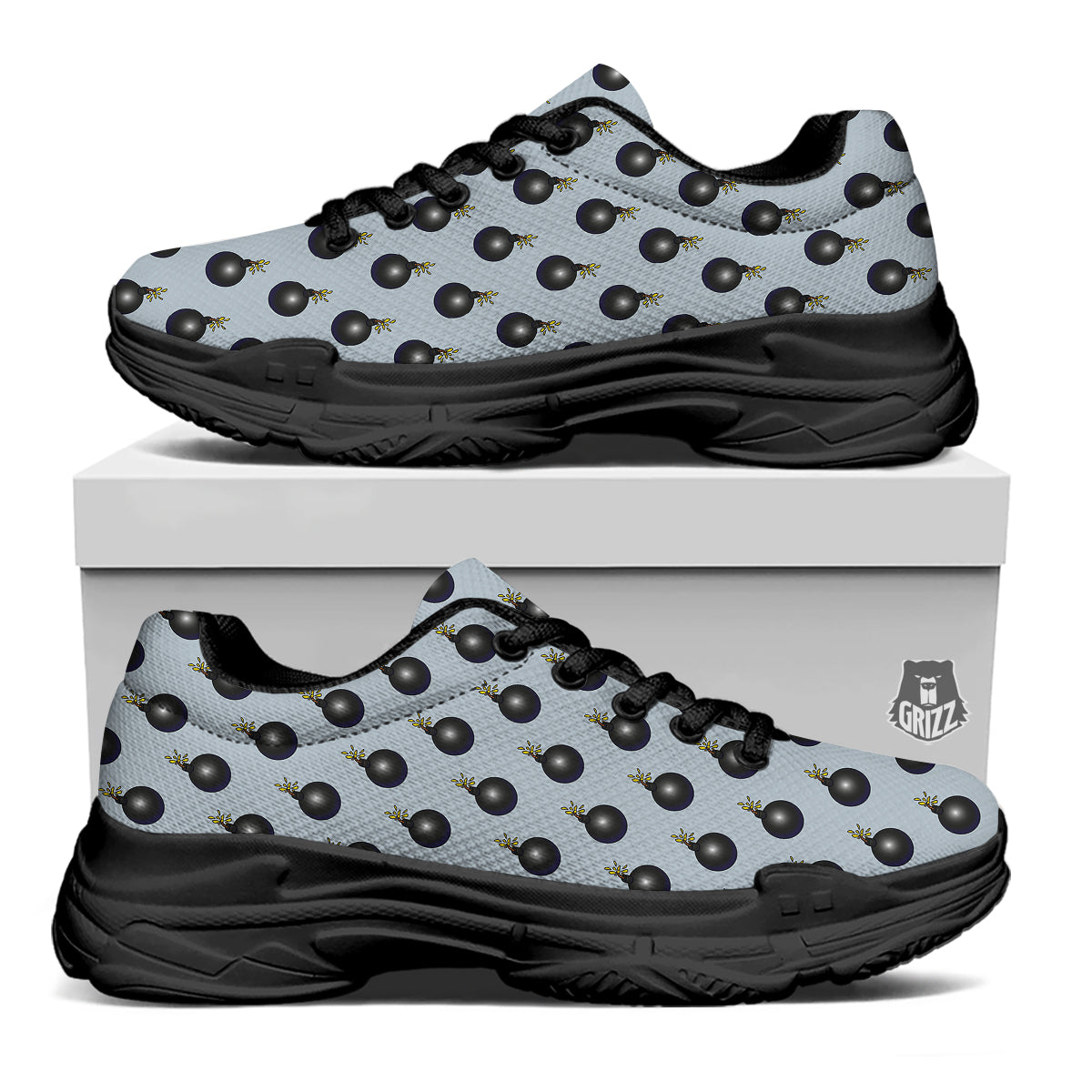 Bomb Vintage Print Pattern Black Chunky Shoes-grizzshop