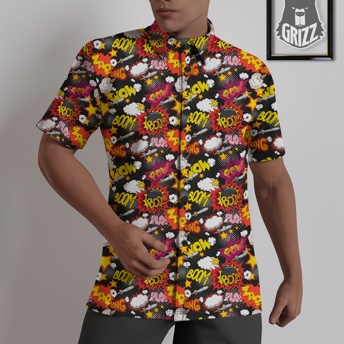 Bomb Boom Comic Graffiti Print Pattern Untucked Shirts-grizzshop