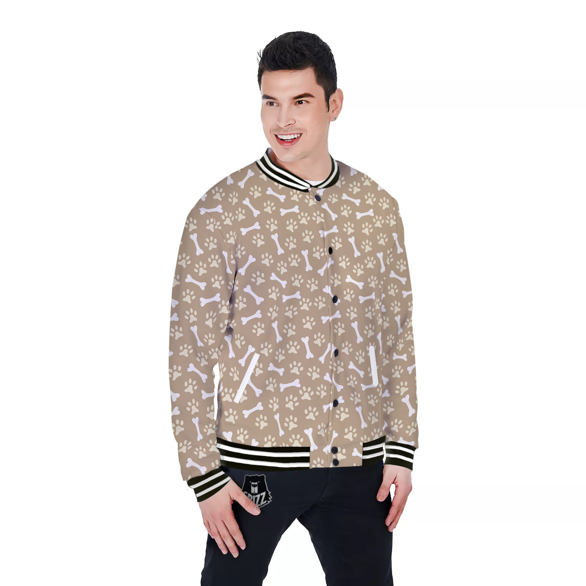 Bone And Beige Paw Print Pattern Baseball Jacket-grizzshop