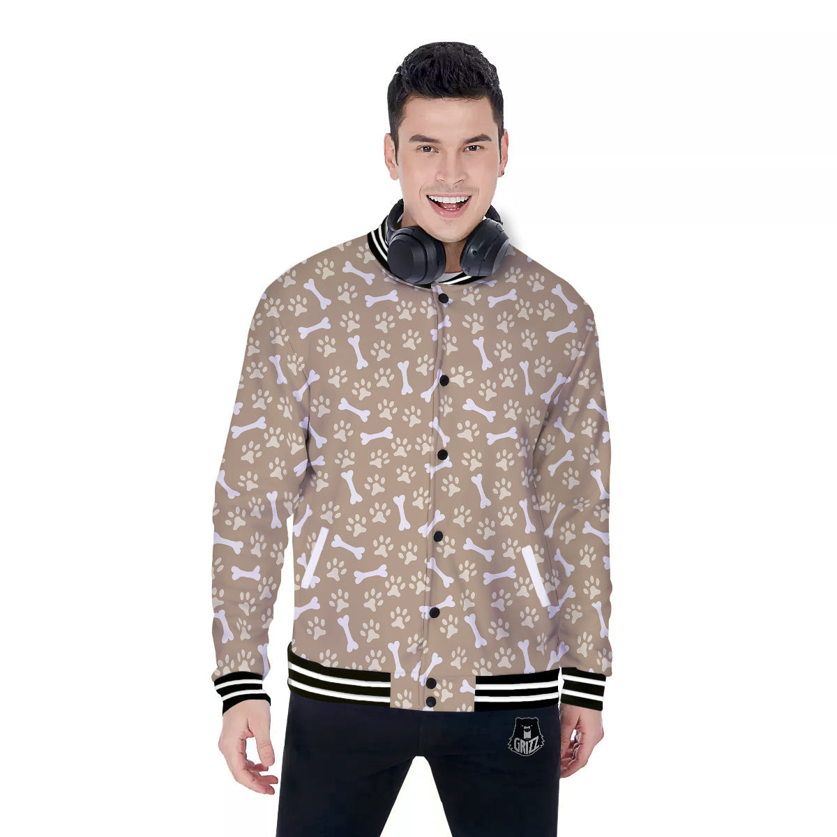 Bone And Beige Paw Print Pattern Baseball Jacket-grizzshop
