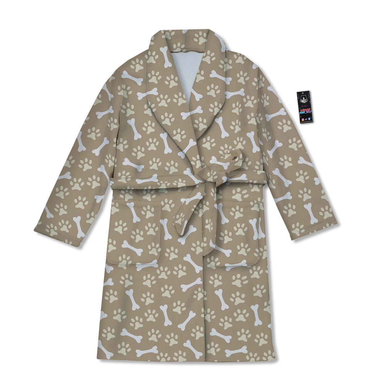 Bone And Beige Paw Print Pattern Bathrobe-grizzshop