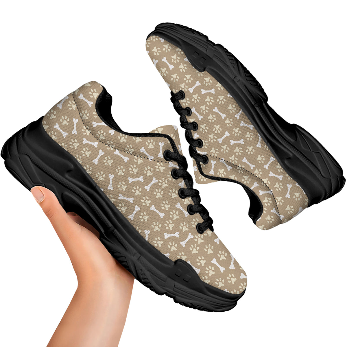 Bone And Beige Paw Print Pattern Black Chunky Shoes-grizzshop