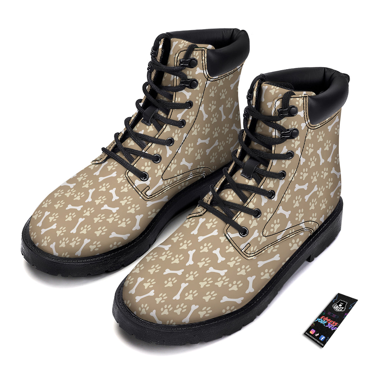 Bone And Beige Paw Print Pattern Boots-grizzshop