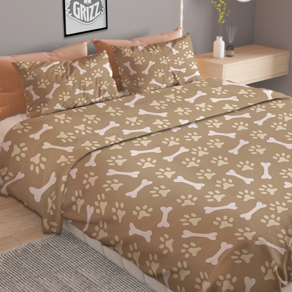 Bone And Beige Paw Print Pattern Duvet Cover Bedding Set