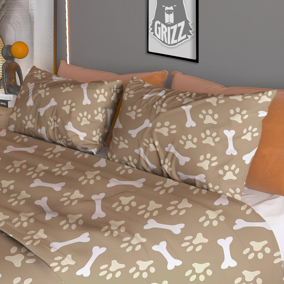 Bone And Beige Paw Print Pattern Duvet Cover Bedding Set